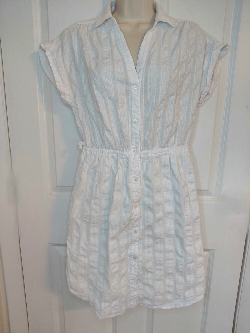 J. Crew White Shirt Dress Sz Small Short Sleeve Elastic Waist 100% Cotton Preppy